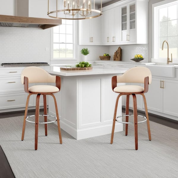 Armen Living Daxton 26 in. Counter Height High Back Cream Faux Leather and Walnut Wood Stool