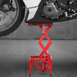 Hydraulic Motorcycle Lift Stand300 Lbs. Scissor Lift Table Adjustable 13.78 in. to 34.25 in. with Fastening Straps, Red