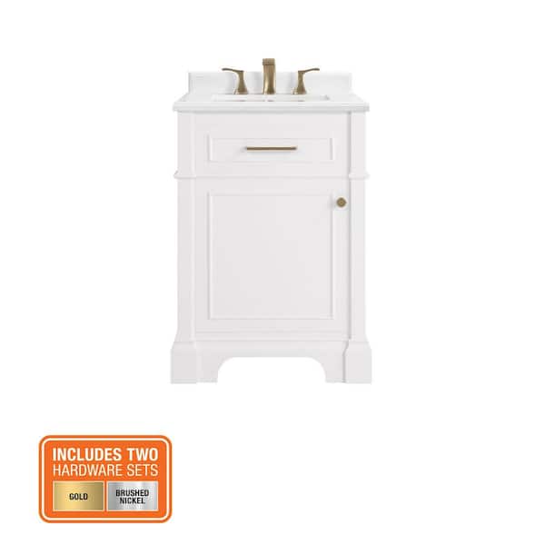 Melpark 24 in. Single Sink White Bath Vanity with White Engineered Marble Top (Assembled)