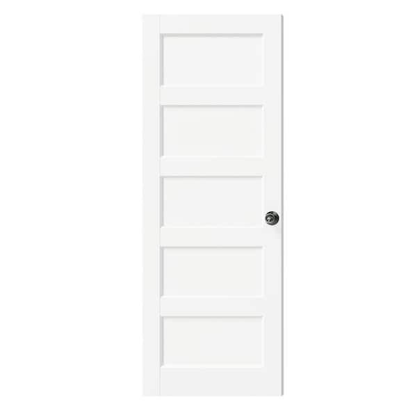 TENONER 30 in. x 80 in. MDF, Composite, Pre-assembled, Primed, White, 5 Panel Interior Door Slab with Black Goal Doorknob