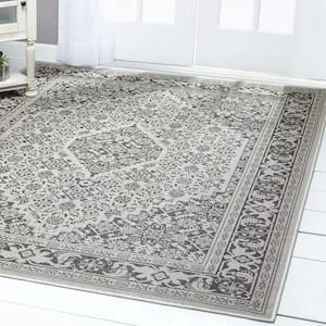 Patio Country Dahlia Gray/Black 5 ft. x 7 ft. Medallion Indoor/Outdoor Area Rug