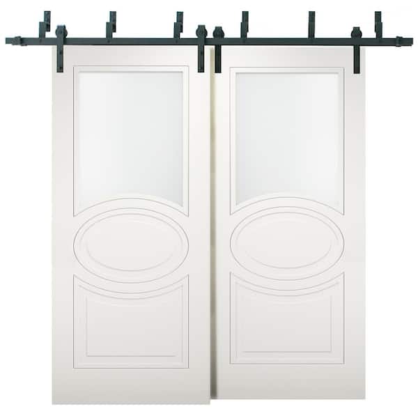 VDOMDOORS 7012 84 in. x 84 in. White Finished MDF Sliding Door with Bypass Barn Hardware