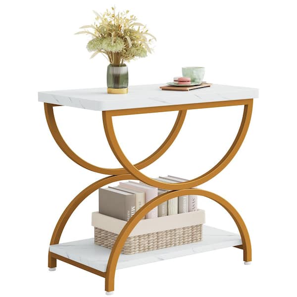 BYBLIGHT Kerlin 23 in. White&Gold Rectangular Wood End Side Accent Table Sofa Side Table with 2-Tier and Stylish Metal Frame
