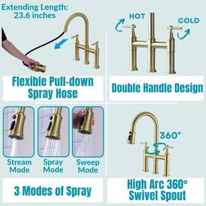 Double-Handle Pull Down Sprayer Kitchen Faucet with 3 Modes Spray, Pull Out Spray Wand in Brushed Gold
