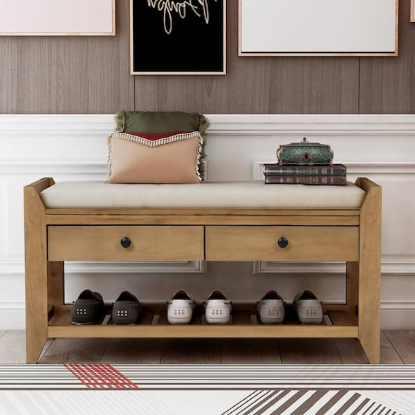 Old Pine Entryway Wood Storage Bench Shoe Rack 39"L x 14"W x 19.8"H with Cushioned Seat, 2 Drawers and Bottom Shelf