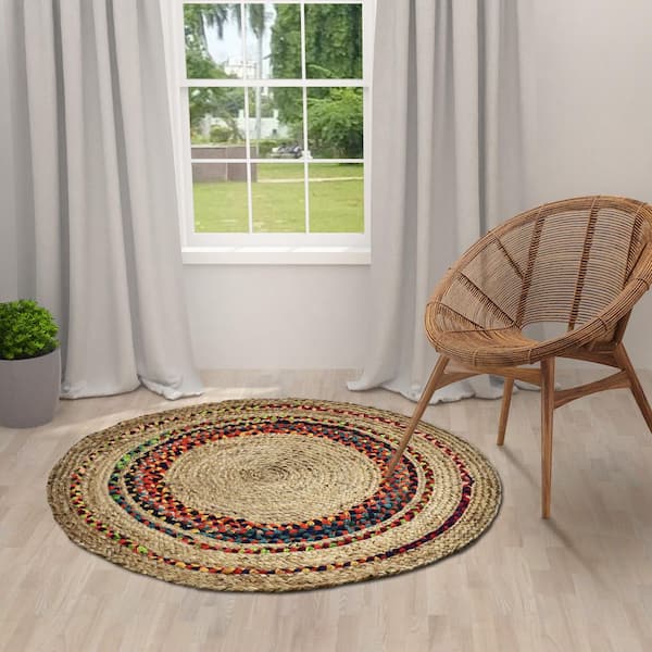 4 Foot Round Braided Design Natural Jute and Polyester Blend Indoor Area Rug  [FLF-CI-19-3694-4-GG] 