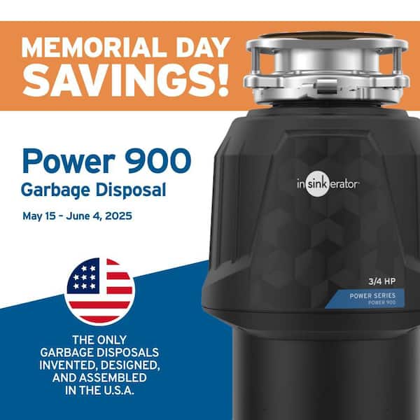 Power 900, 3/4 HP Garbage Disposal, Continuous Feed Food Waste Disposer w EZ Connect Power Cord & Putty-Free Sink Seal