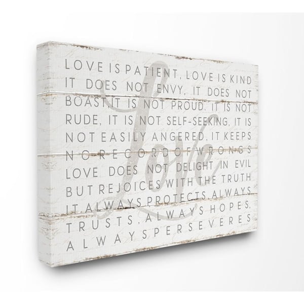 Stupell Industries 16 in. x 20 in. "Love Is Patient Grey on White Planked Look" by Jennifer Pugh Canvas Wall Art