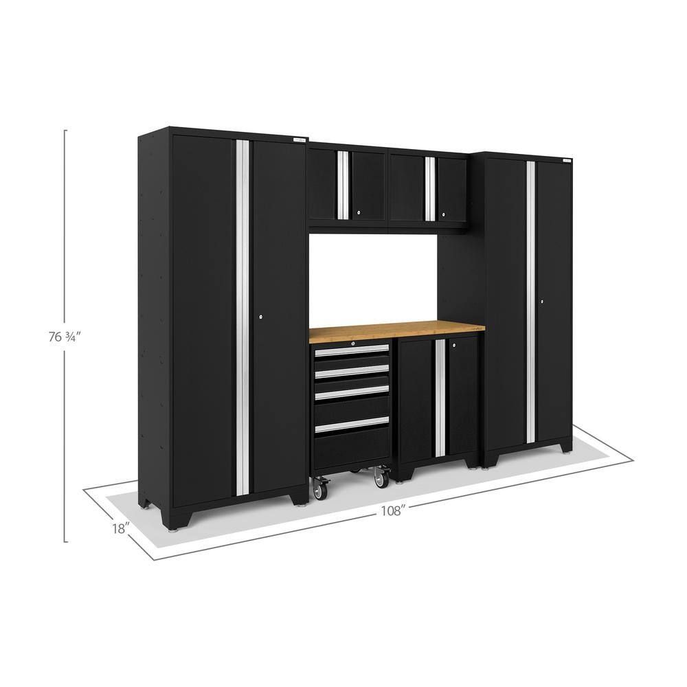 Black Lockable Garage Cabinet Set with Bamboo Worktop