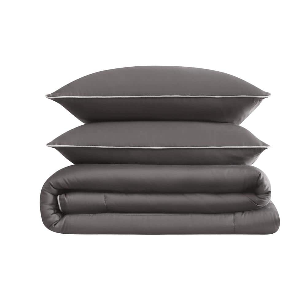 Twin Dark Grey Cotton Sateen Comforter Set with Polyfill