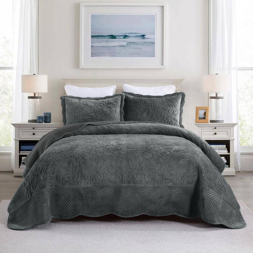 Dark Grey Queen Velvet Quilted 3-Piece Bedding Set
