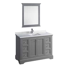 Windsor 48 in. W Traditional Bathroom Vanity in Gray Textured Quartz Stone Vanity Top in White with White Basin, Mirror