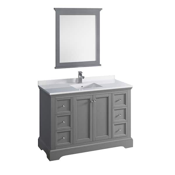 Fresca Windsor 48 in. W Traditional Bathroom Vanity in Gray Textured Quartz Stone Vanity Top in White with White Basin, Mirror