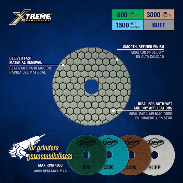 Xtreme 4 in. Dry Diamond Polishing Pad Set for Ceramic, Porcelain, Engineered Stone, Concrete, Marble, Granite