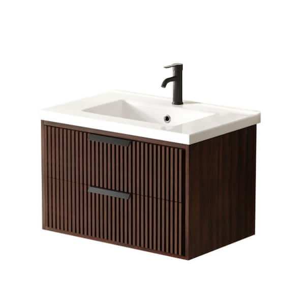 Avihome 30 in. Single Floating Dark Walnut Bath Vanity with White Ceramic Top Assembled