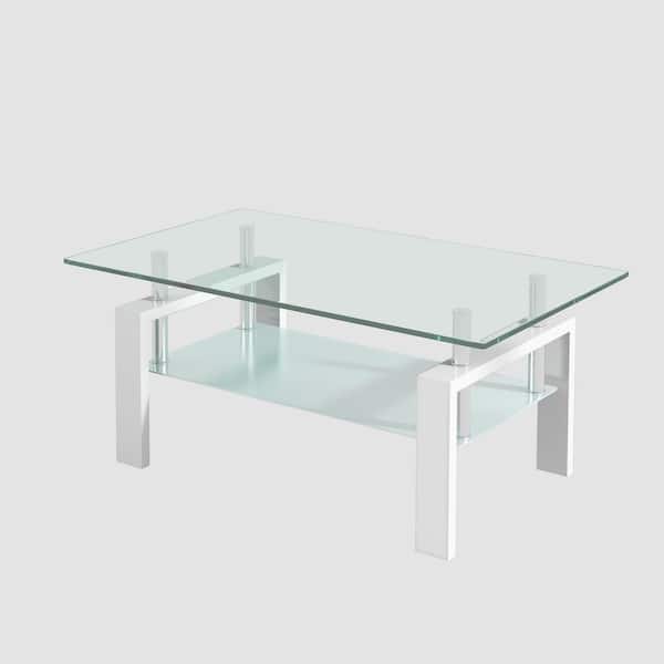 Zeus & Ruta 40 in. Clear Tempered Glass Coffee Table, 2-Layers Coffee Table with White Legs for Living Room