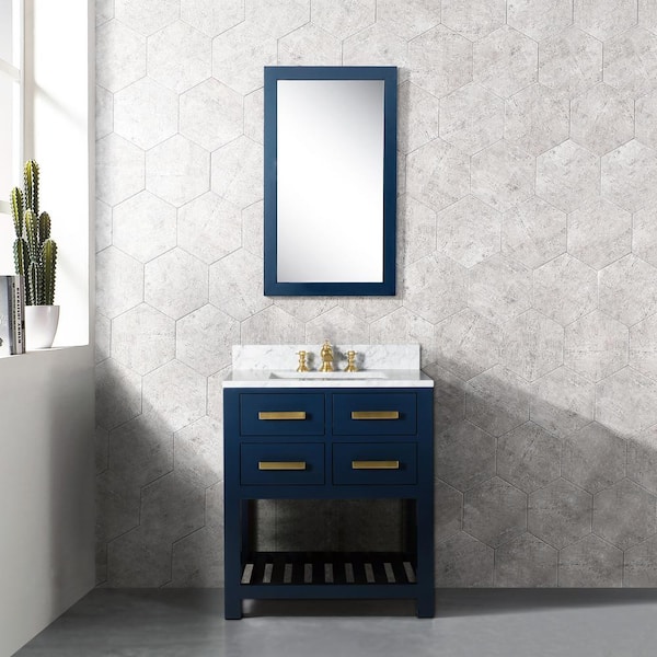 Madalyn 30 in. W Bath Vanity in Monarch Blue with Marble Vanity Top in Carrara White with White Basin(s)