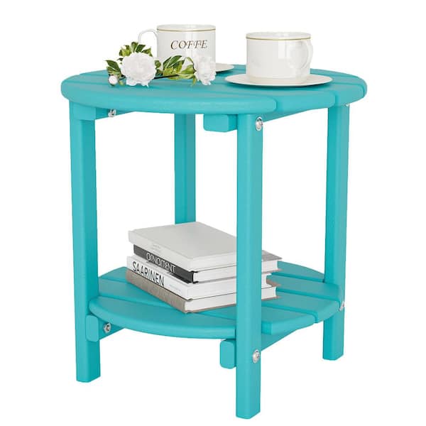 Unbranded Waterproof Double Tier Turquoise Round HDPE Plastic 17.7 in. Outdoor Side Table