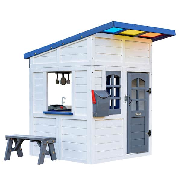 Rainbow Shade Wooden Outdoor Playhouse with Bench and Interactive Kitchen