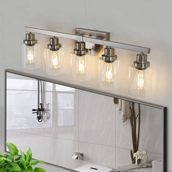 31 in. 5 Light Brushed Nickel Finish Vanity Light Fixture Bathroom Over Mirror Wall Lights with Clear Glass Shade