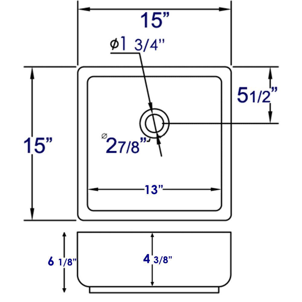 EAGO 15'' White Ceramic Square Bathroom Sink with Overflow