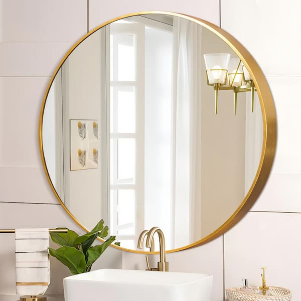 Dovelina 28 in. W x 28 in. H Medium Round Gold Metal Framed Modern Wall Vanity Mirror