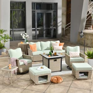 Sierra Beige 7-Piece Wicker Multi-Functional Fire Pit Patio Conversation Sofa Set with Swivel Chairs and Green Cushions