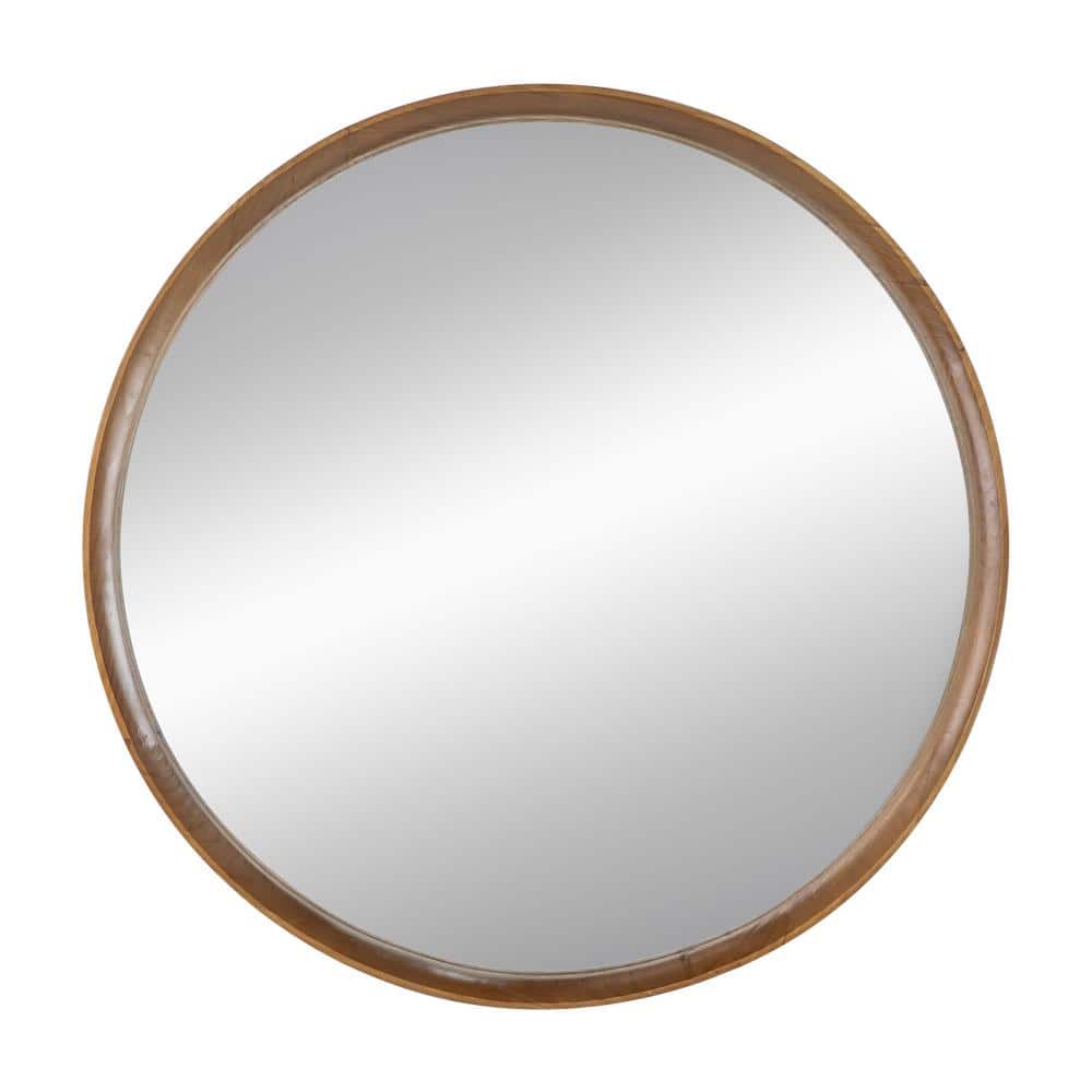 Brown 31.50 in. W x 31.50 in. H Round Pine Wood Framed Wall Mirror for Bath