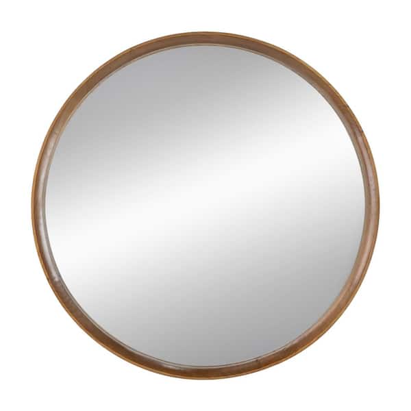 Unbranded Brown 31.50 in. W x 31.50 in. H Round Pine Wood Framed Wall Mirror for Bathroom and Living Room