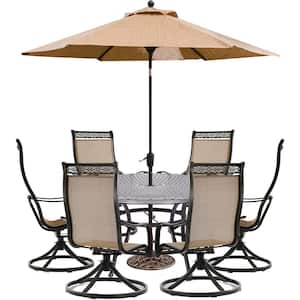Manor 7-Piece Sling Outdoor Dining Set with 6 Swivel Rockers Cast-top Table and a 9 ft. Umbrella with Stand