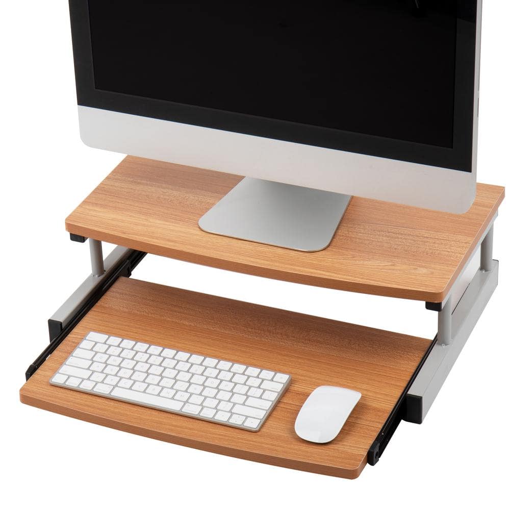 Brown MDF and Metal Monitor Stand with Sliding Keyboard Drawer