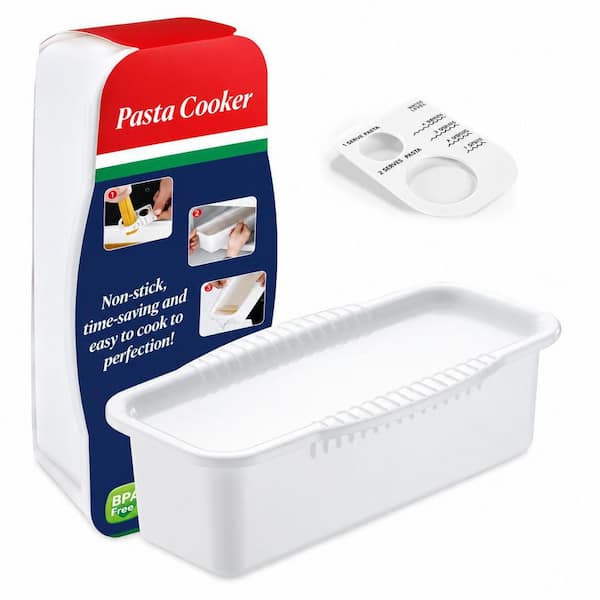 Microwave Safe Plastic Pasta Spaghetti Cooker Pot with Strainer Lid and Portion Water Measuring Device