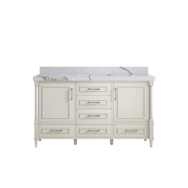 Willow Collections Hudson 60 in. Single Sink Freestanding Alabaster Bath Vanity with Calacatta Gold Quartz Top Unassembled