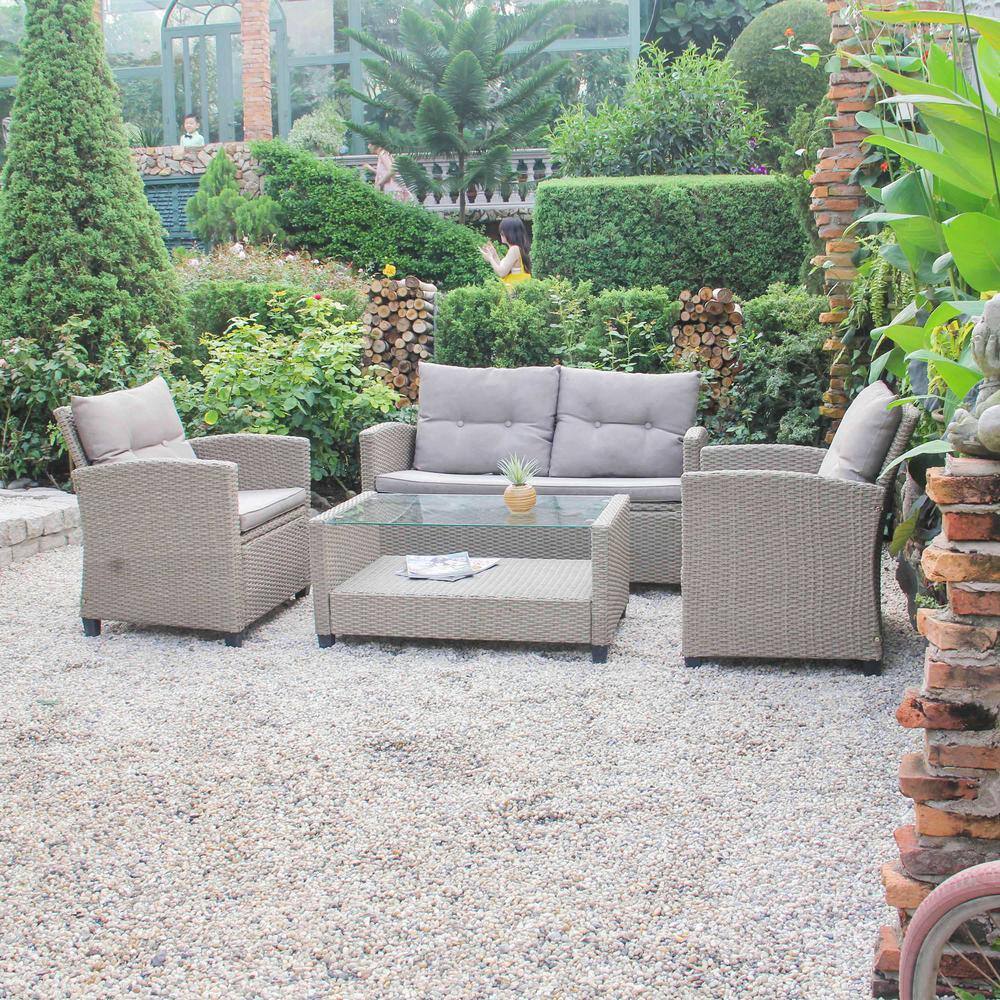 Versailles 4-Piece Gray Wicker Patio Conversation Set with Cushions