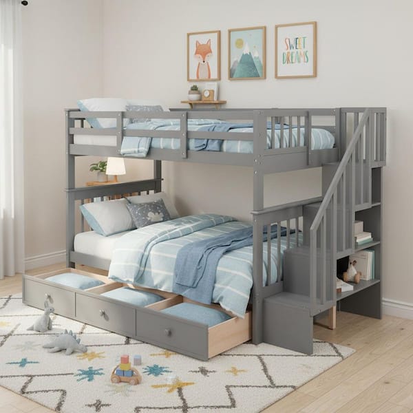 Qualler Gray Twin over Twin Stairway Bunk Bed with Three Drawers