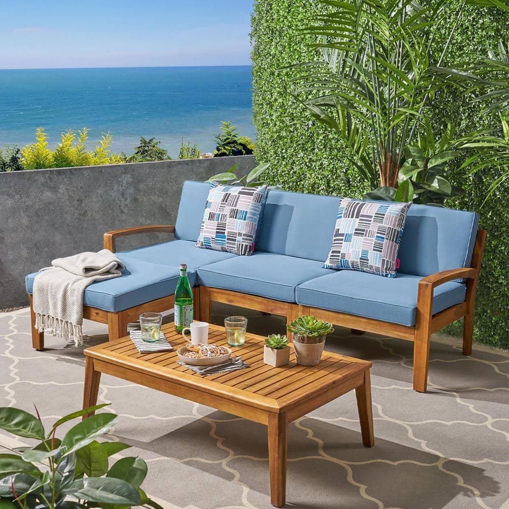 Large L-Shaped Wood Outdoor Sofa with Blue Cushions - Premium Comfortable S