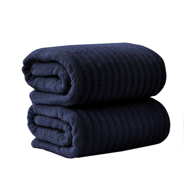Navy Blue Premium Cotton Ribbed Textured 2-Pack Bath Sheet Set