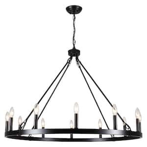 12-Light Black Farmhouse Wagon Wheel Candlestick Chandelier