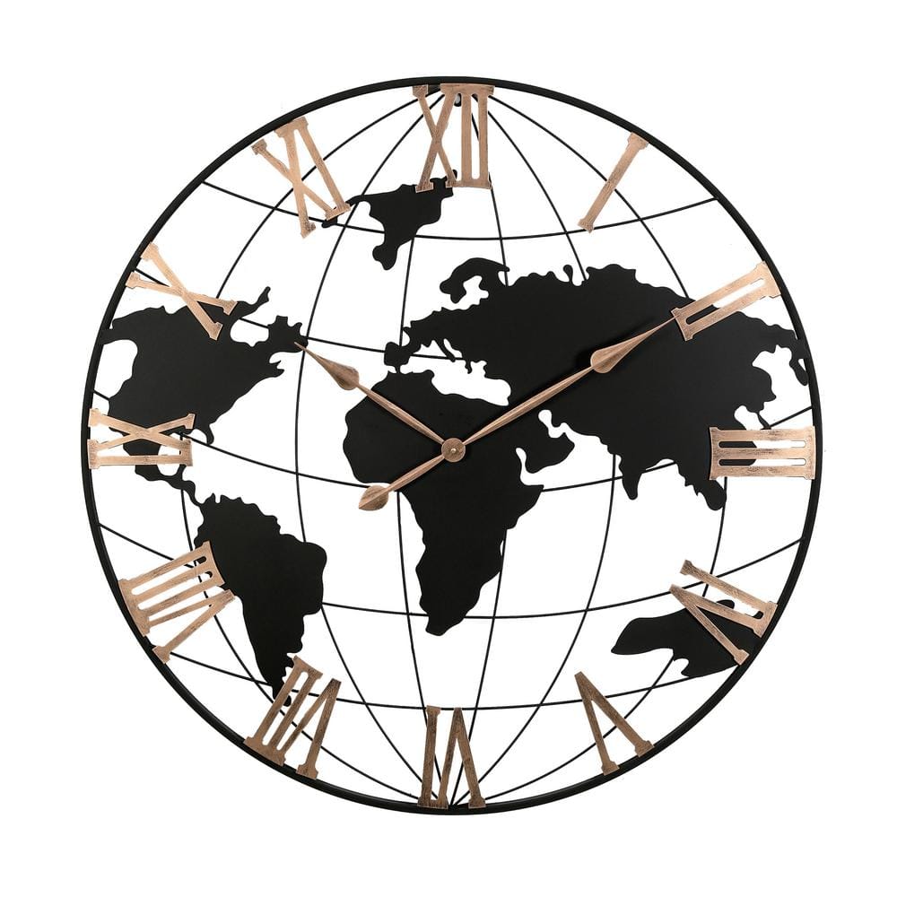 36 in. Large Gold Silent Metal World Map Wall Clock with Gold Pointers, Hom