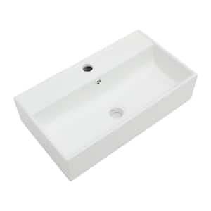 21 in. White Ceramic Rectangular Wall-Mounted Bath Vessel Sink Single Bowl Vanity Basin without Faucet Pop-Up Drain