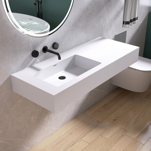 47 in. White Solid Surface Wall-Mounted Bathroom Vessel Sink