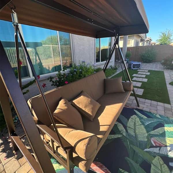 3-Seat Daybed Outdoor Porch Patio Swing Aluminum Adjustable Backrest, Brown