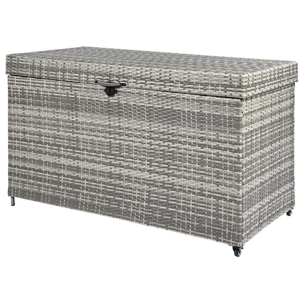 200 Gal. Gray Wicker Patio Deck Box with Lid and Wheels