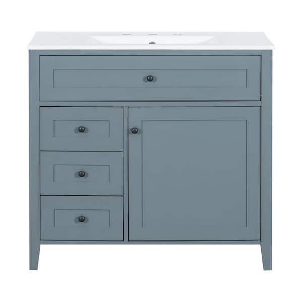 36 in. Blue Gray Wood Rectangle Vessel Sink Bathroom Vanity Combo with 3 Drawers and Adjustable Shelf