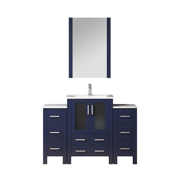 Volez 48 in W x 18.25 in D Navy Blue Bath Vanity with Side Cabinets, Faucet Set, White Ceramic Top, and 22 in Mirror