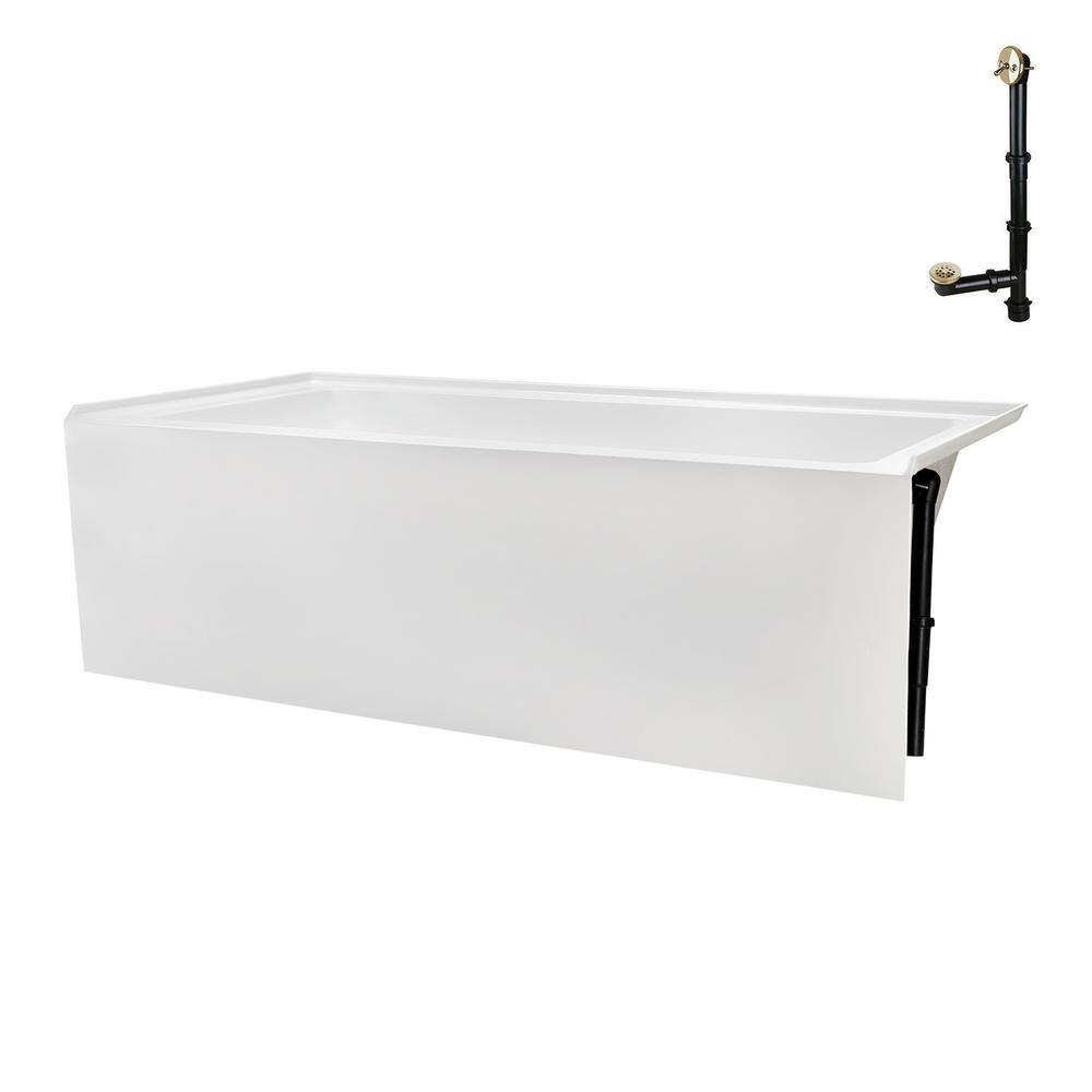 66-Inch Glossy White Acrylic Alcove Bathtub with Polished Brass Drain