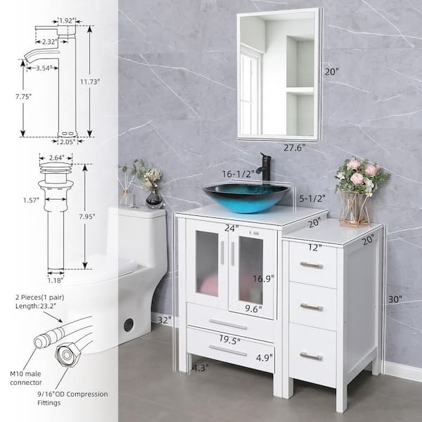 36 in. W x 20 in. D x 32 in. H 1-Sink Bath Vanity in White with Glass Turquoise Top and Mirror ORB Faucet Drain Set
