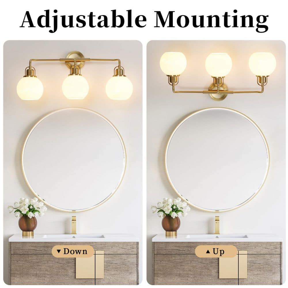 Aparicio 24" Modern Gold 3-Light Vanity with Frosted Glass Shades