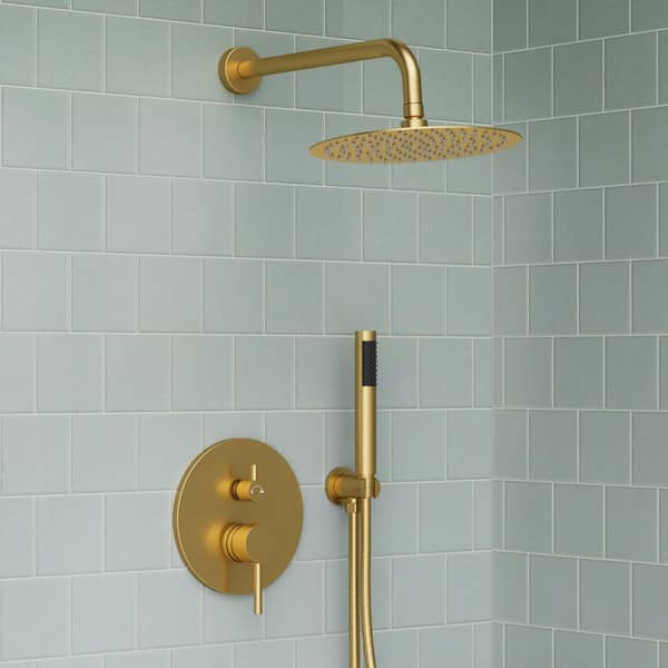 2-Handle 10 in. Round 2.5 GPM Wall Mount 2-Spray Tub and Shower Faucet in Pressure Balance Brushed Gold Valve Include