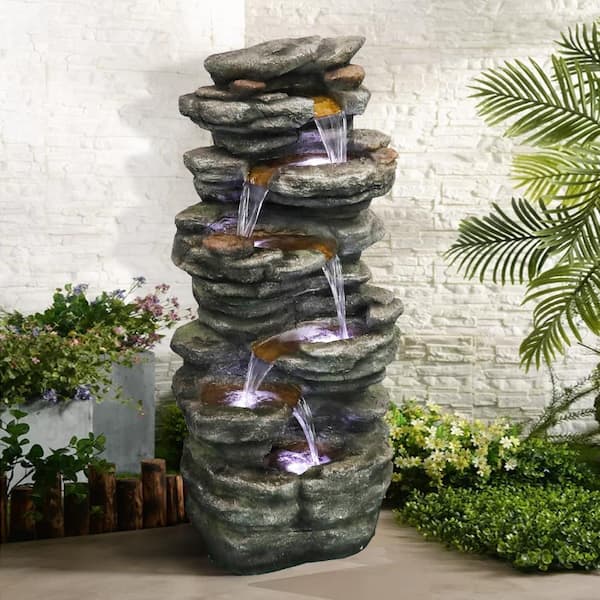 Watnature 40 in. Resin Rockery Outdoor Relaxing Water Fountain, 6-Tier LED  Outdoor Waterfall Fountain for Home, Office, Garden GPF190038 The Home  Depot